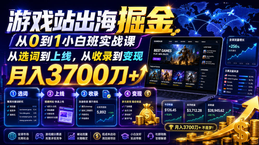 游戏站出海掘金从0到1小白实战课，从选词到上线，从收录到变现，月入3700刀+-得优社