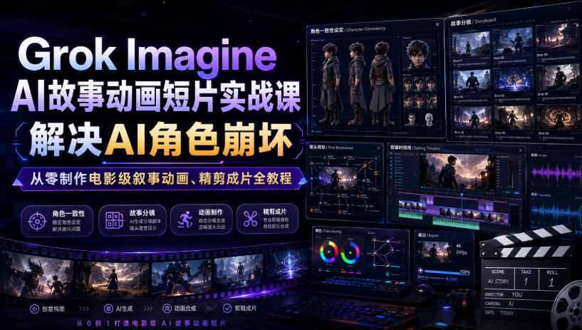 Grok Imagine AI故事动画短片实战课｜解决AI角色崩坏，从零制作电影级叙事动画、精剪成片全教程(中英字幕)-得优社