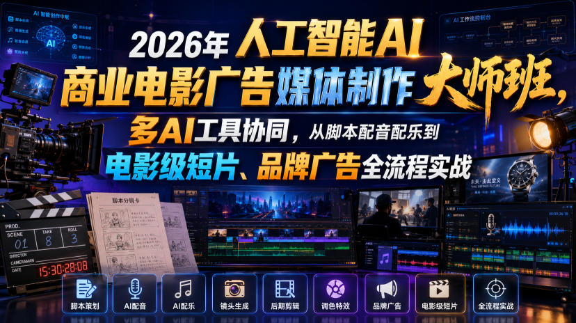 2026年人工智能AI商业电影广告媒体制作大师班，多AI工具协同，从脚本配音配乐到电影级短片、品牌广告全流程实战(中英字幕)-得优社
