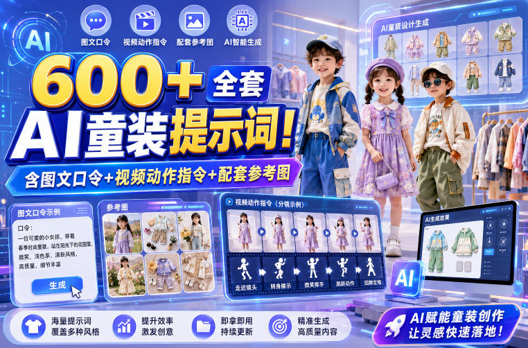 600+全套AI童装提示词！含图文口令+视频动作指令+配套参考图，Word-Excel规整分类，童装电商、种草无脑量产内容！-得优社