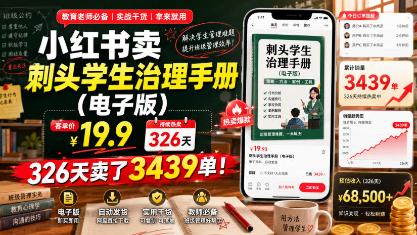 小红书卖刺头学生治理手册(电子版)，客单价19.9，326天卖了3439单！-得优社