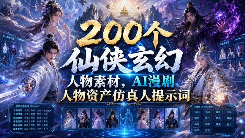 200个仙侠玄幻人物素材，AI漫剧人物资产仿真人提示词-得优社