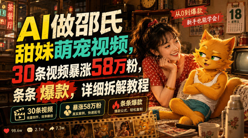 AI做邵氏甜妹萌宠视频，30条视频暴涨58万粉，条条爆款，详细拆解教程-得优社