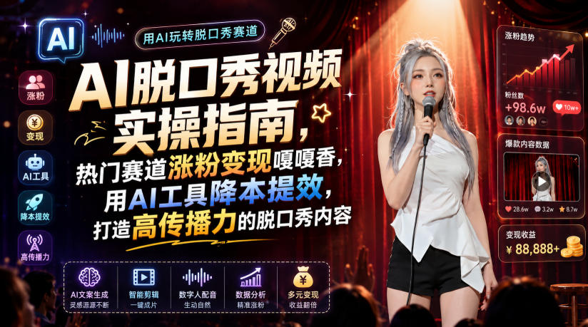 AI脱口秀视频实操指南，热门赛道涨粉变现嘎嘎香，用AI工具降本提效，打造高传播力的脱口秀内容-得优社