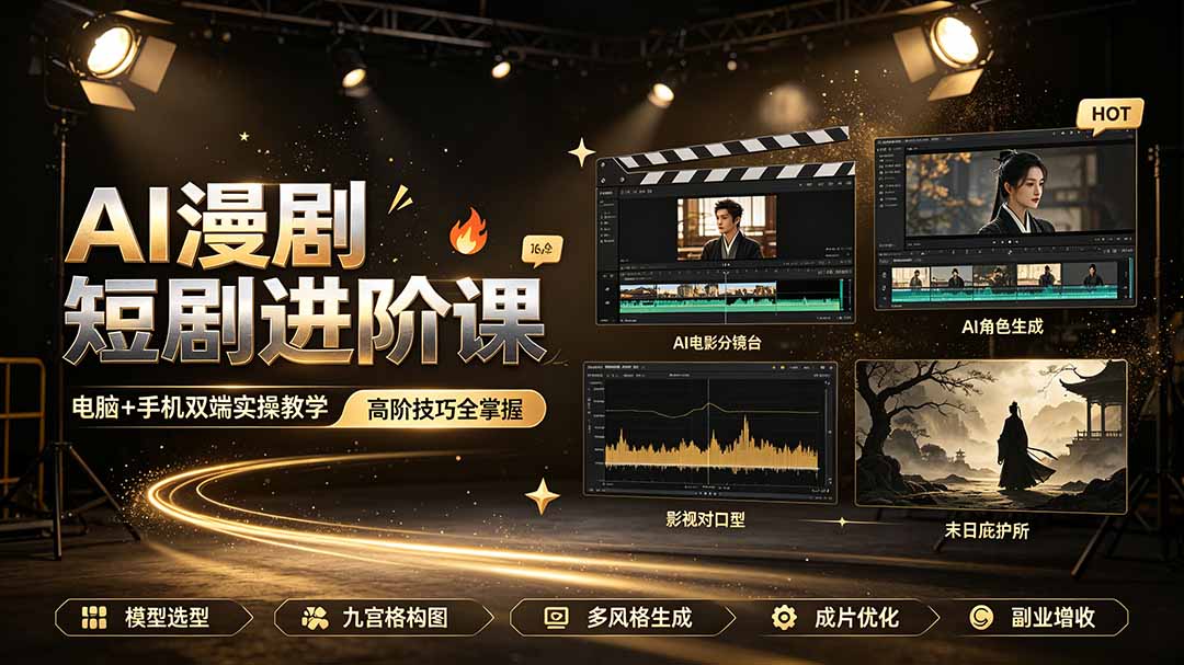 AI漫剧短剧进阶课｜电脑+手机双端实操教学｜影视剧对口型人物吃瓜×解压末日庇护所全程讲解，高阶技巧全掌握-得优社
