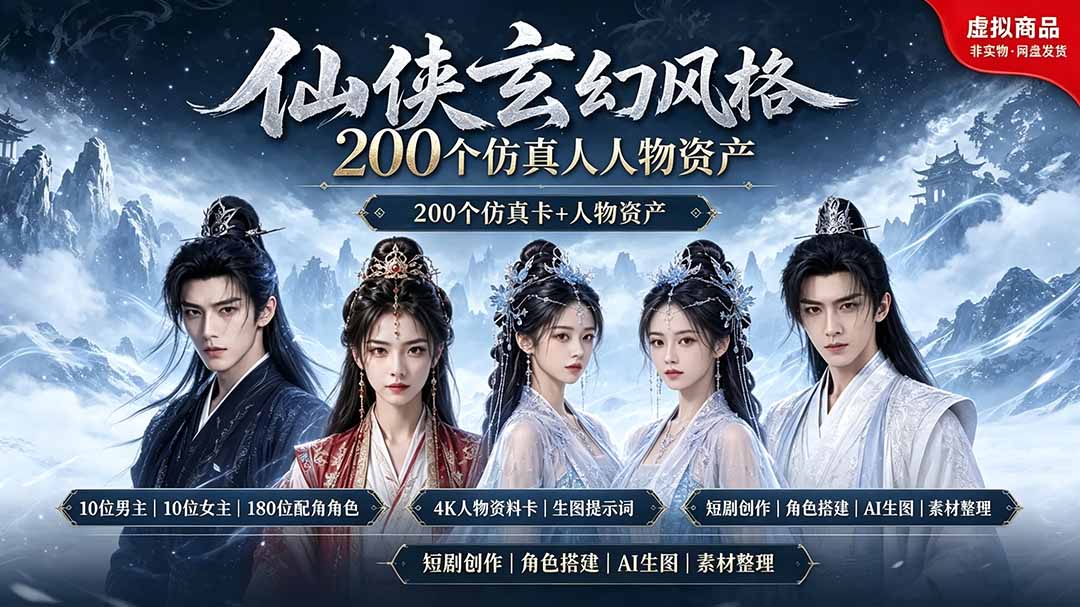 200个仙侠玄幻仿真人素材◆10男主×10女主×180配角，4K资料卡+AI生图提示词，漫剧必备-得优社