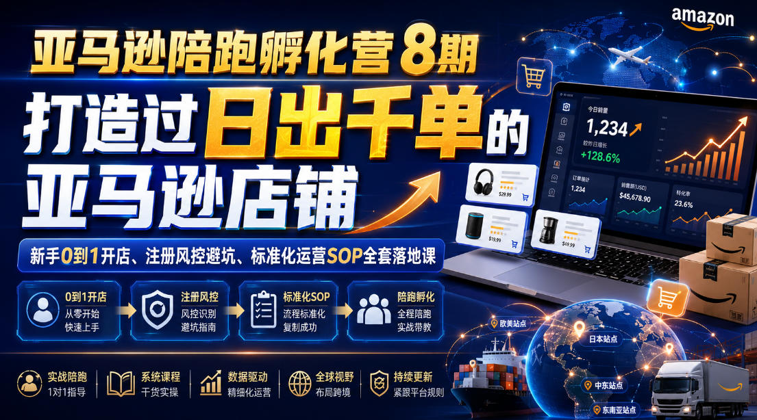 亚马逊陪跑孵化营8期，打造过日出千单的亚马逊店铺，新手0到1开店、注册风控避坑、标准化运营SOP全套落地课-得优社