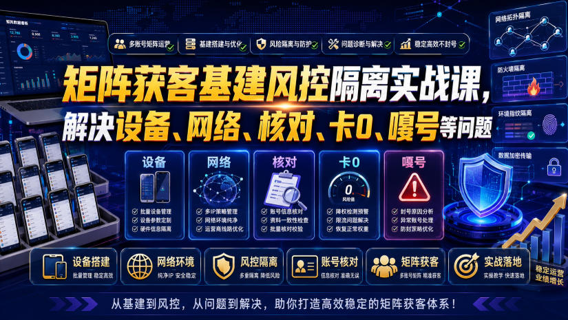矩阵获客基建风控隔离实战课，解决设备、网络、核对、卡0、嘎号等问题-得优社