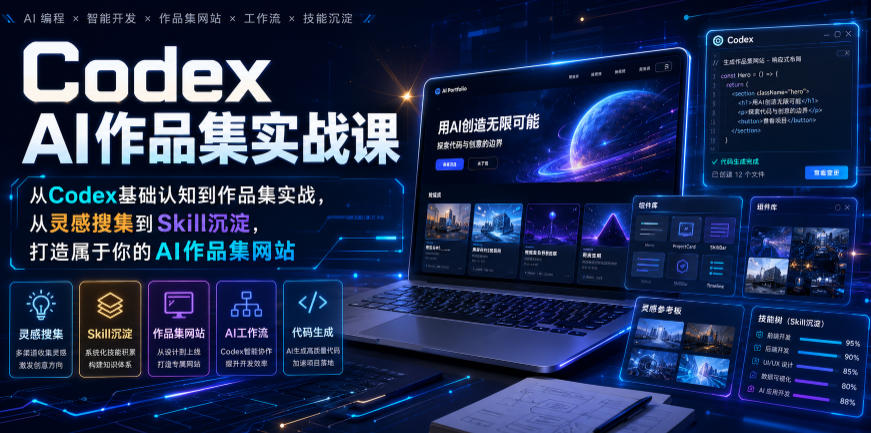 Codex AI作品集实战课，从Codex基础认知到作品集实战，从灵感搜集到Skill沉淀，打造属于你的AI作品集网站-得优社