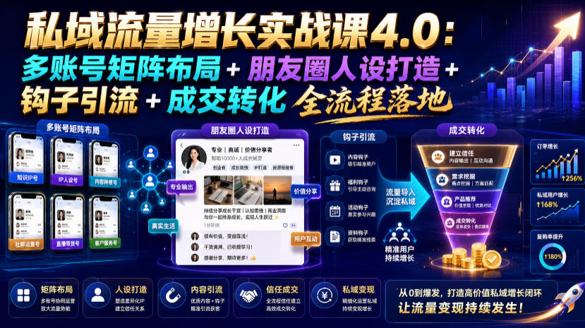 私域流量增长实战课4.0：多账号矩阵布局+朋友圈人设打造+钩子引流+成交转化全流程落地-得优社