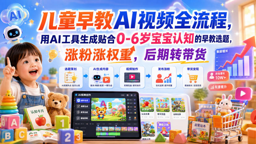 儿童早教AI视频全流程，用AI工具生成贴合0-6岁宝宝认知的早教选题，涨粉涨权重，后期转带货-得优社