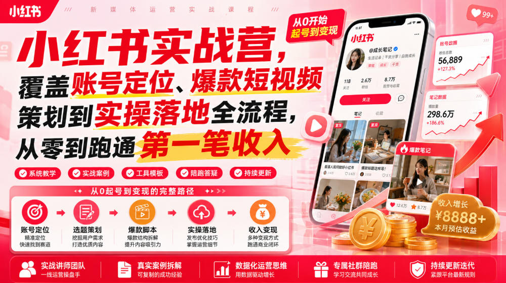 小红书实战营，覆盖账号定位、爆款短视频策划到实操落地全流程，从零到跑通第一笔收入-得优社