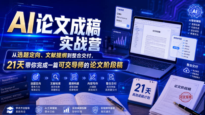 AI论文成稿实战营，从选题定向、文献提纲到整合交付，21天带你完成一篇可交导师的论文阶段稿-得优社