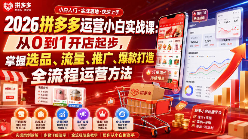 2026拼多多运营小白实战课：从0到1开店起步，掌握选品、流量、推广、爆款打造全流程运营方法-得优社