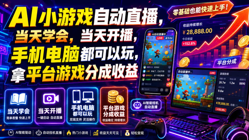 AI小游戏自动直播，当天学会，当天开播，手机电脑都可以玩，拿平台游戏分成收益-得优社