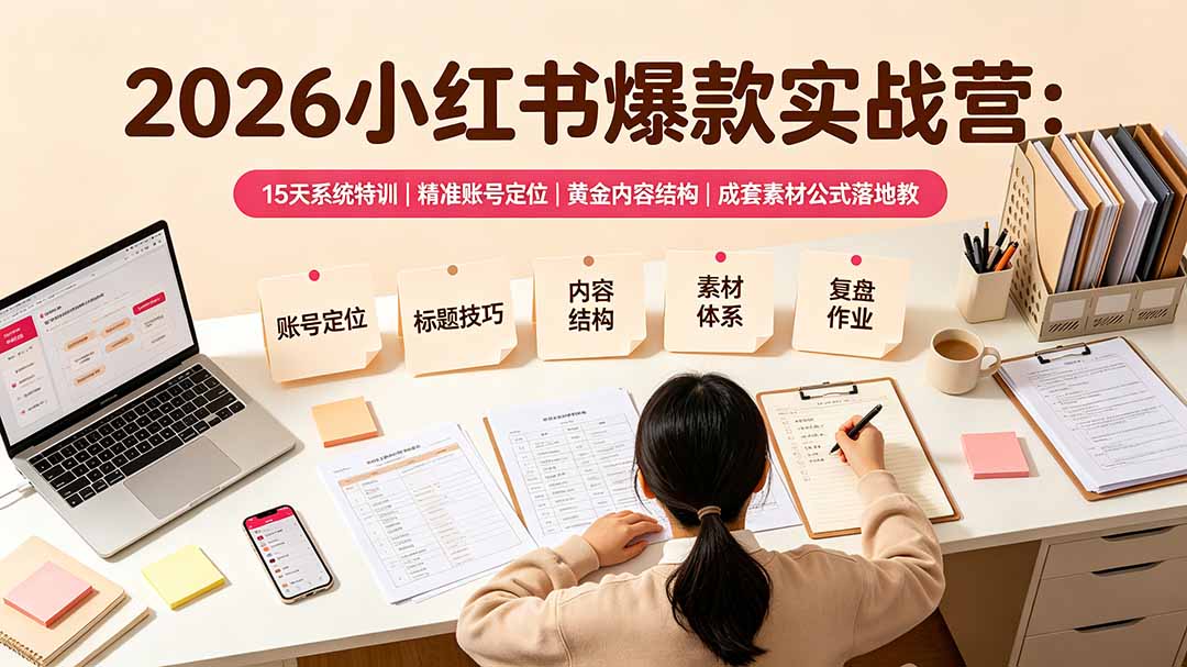2026小红书爆款实战营：15天系统特训｜精准账号定位｜黄金内容结构｜成套素材公式落地教程-得优社