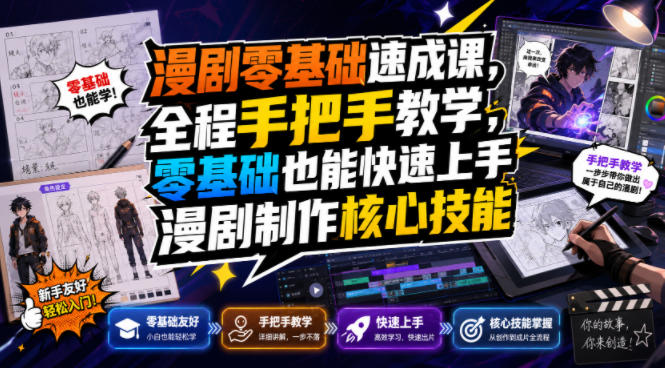 漫剧零基础速成课，全程手把手教学，零基础也能快速上手漫剧制作核心技能-得优社