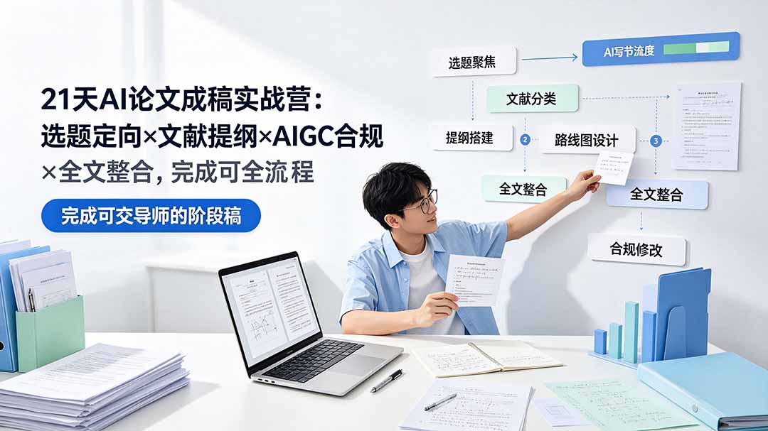 21天AI论文成稿实战营：选题定向×文献提纲×AIGC合规×全文整合，完成可交导师的阶段稿-得优社