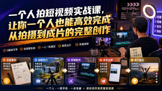 一个人拍短视频实战课，让你一个人也能高效完成从拍摄到成片的完整创作-得优社