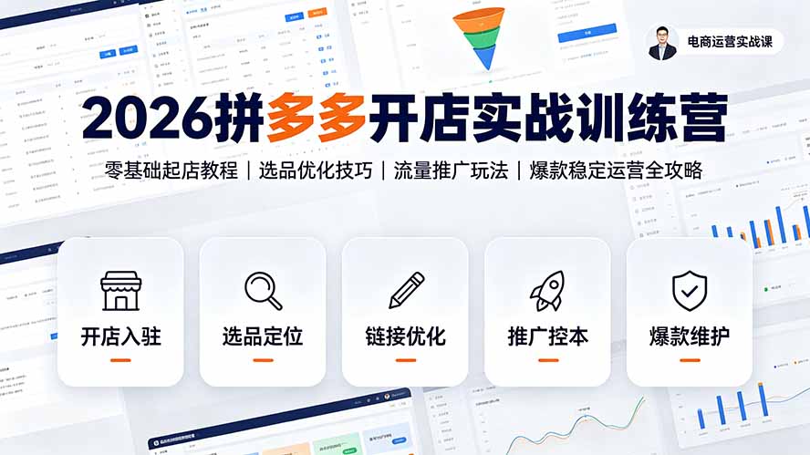 2026拼多多开店实战训练营：零基础起店教程｜选品优化技巧｜流量推广玩法｜爆款稳定运营全攻略-得优社