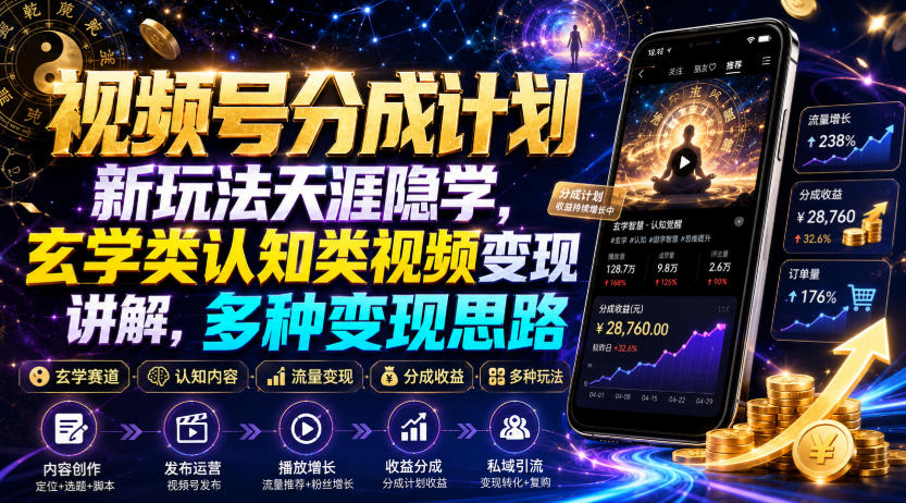 视频号分成计划新玩法天涯隐学，玄学类认知类视频变现讲解，多种变现思路-得优社