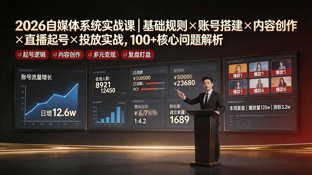 2026自媒体系统实战课｜基础规则×账号搭建×内容创作×直播起号×投放实战，100+核心问题解析-得优社