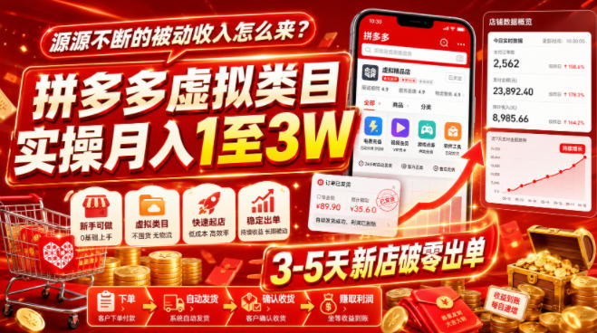 源源不断的被动收入怎么来？拼多多虚拟类目实操月入1至3W，3-5天新店破零出单-得优社