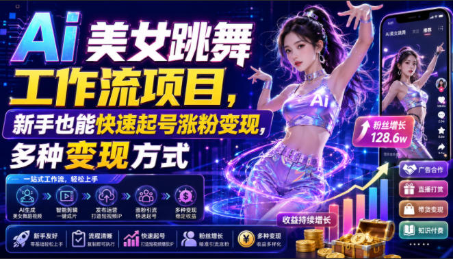 Ai美女跳舞工作流项目，新手也能快速起号涨粉变现，多种变现方式-得优社
