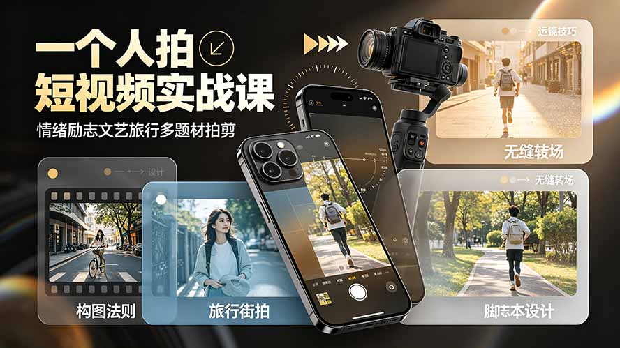 一个人拍短视频实战课：情绪励志文艺旅行多题材×五大景别×黄金构图×八大运镜，从拍摄到成片高效创作-得优社