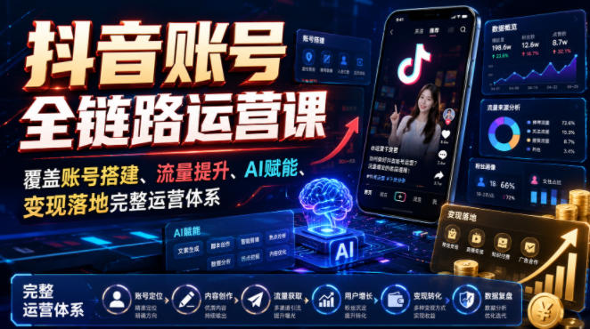 抖音账号全链路运营课，覆盖账号搭建、流量提升、AI赋能、变现落地完整运营体系-得优社