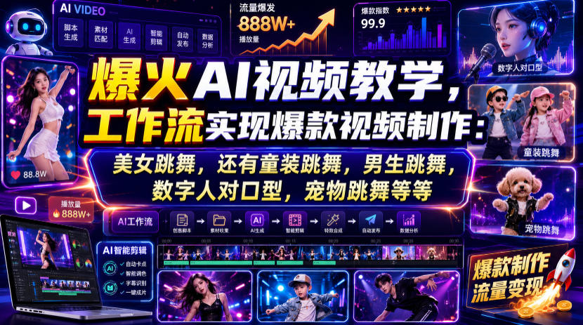 爆火AI视频教学，工作流实现爆款视频制作：美女跳舞，还有童装跳舞，男生跳舞，数字人对口型，宠物跳舞等等-得优社