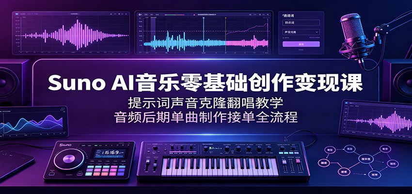 Suno AI音乐零基础创作变现课：提示词声音克隆翻唱教学，音频后期单曲制作接单全流程-得优社