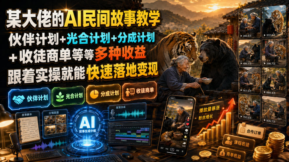 某大佬的AI民间故事教学，伙伴计划+光合计划+分成计划+收徒商单等多种收益，跟着实操就能快速落地变现-得优社
