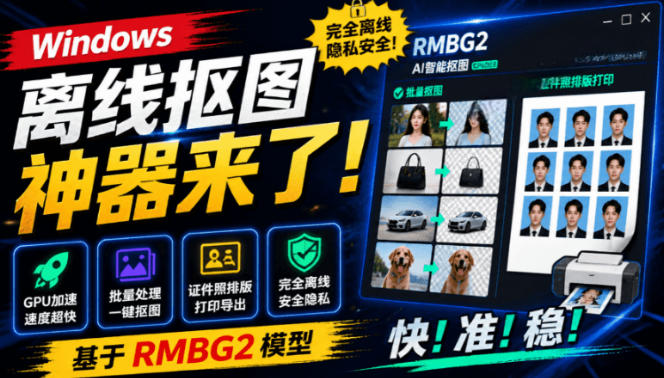 Windows离线抠图神器来了！支持批量抠图+证件照排版打印，基于RMBG2模型，GPU加速方块AI抠图-得优社