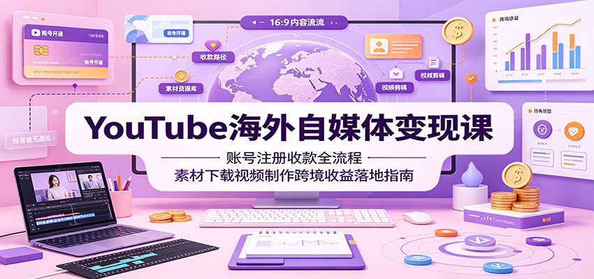 YouTube海外自媒体变现课：账号注册收款全流程，素材下载视频制作跨境收益落地指南-得优社