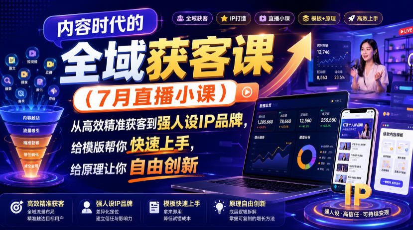 内容时代的全域获客课(7月直播小课)，从高效精准获客到强人设IP品牌，给模版帮你快速上手，给原理让你自由创新-得优社
