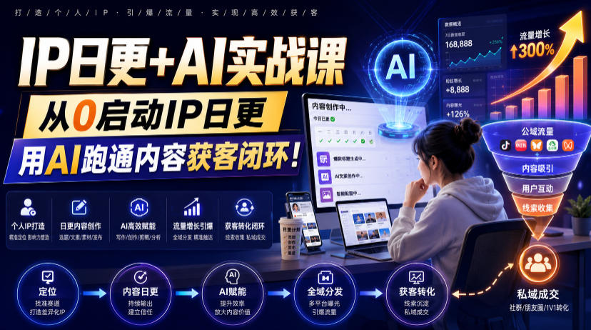 IP日更+AI实战课，从0启动IP日更，IP置顶视频制作+100条选题库搭建+10条日更规划，用AI跑通内容获客闭环!-得优社