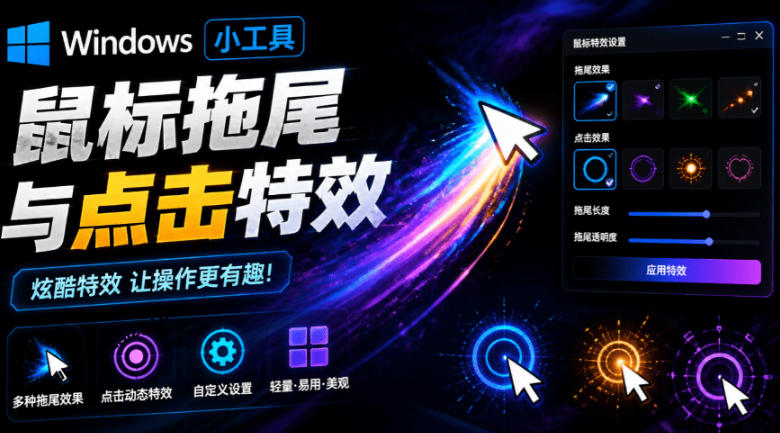 Windows特效小工具！一键给你的鼠标添加拖尾与点击动态特效，吾爱出品，免费使用Mouse Trail-得优社