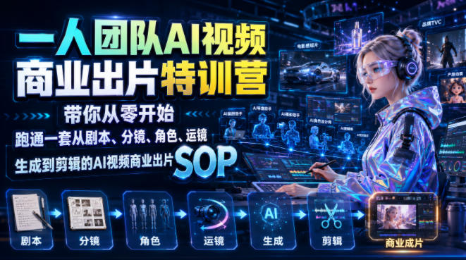 一人团队AI视频商业出片实战课：带你从零开始跑通一套从剧本、分镜、角色、运镜、生成到剪辑的AI视频商业出片SOP-得优社