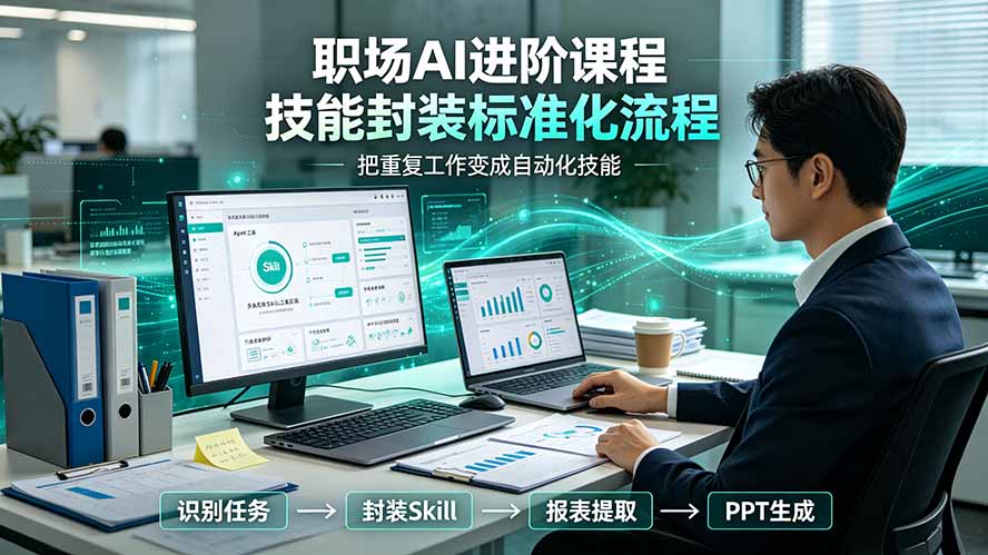职场AI进阶课程；多类实用Skill工具实操，专属技能封装标准化流程，报表行业报告一键提取核心内容-得优社