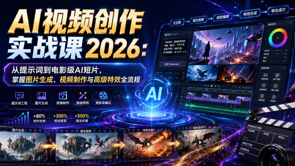AI视频创作实战课2026：从提示词到电影级AI短片，掌握图片生成、视频制作与高级特效全流程-得优社