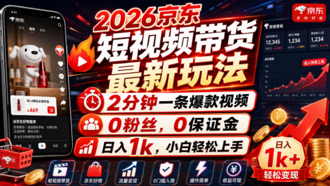 2026京东短视频带货最新玩法，2分钟一条爆款视频，0粉丝，0保证金，日入1k，小白轻松上手【揭秘】-得优社