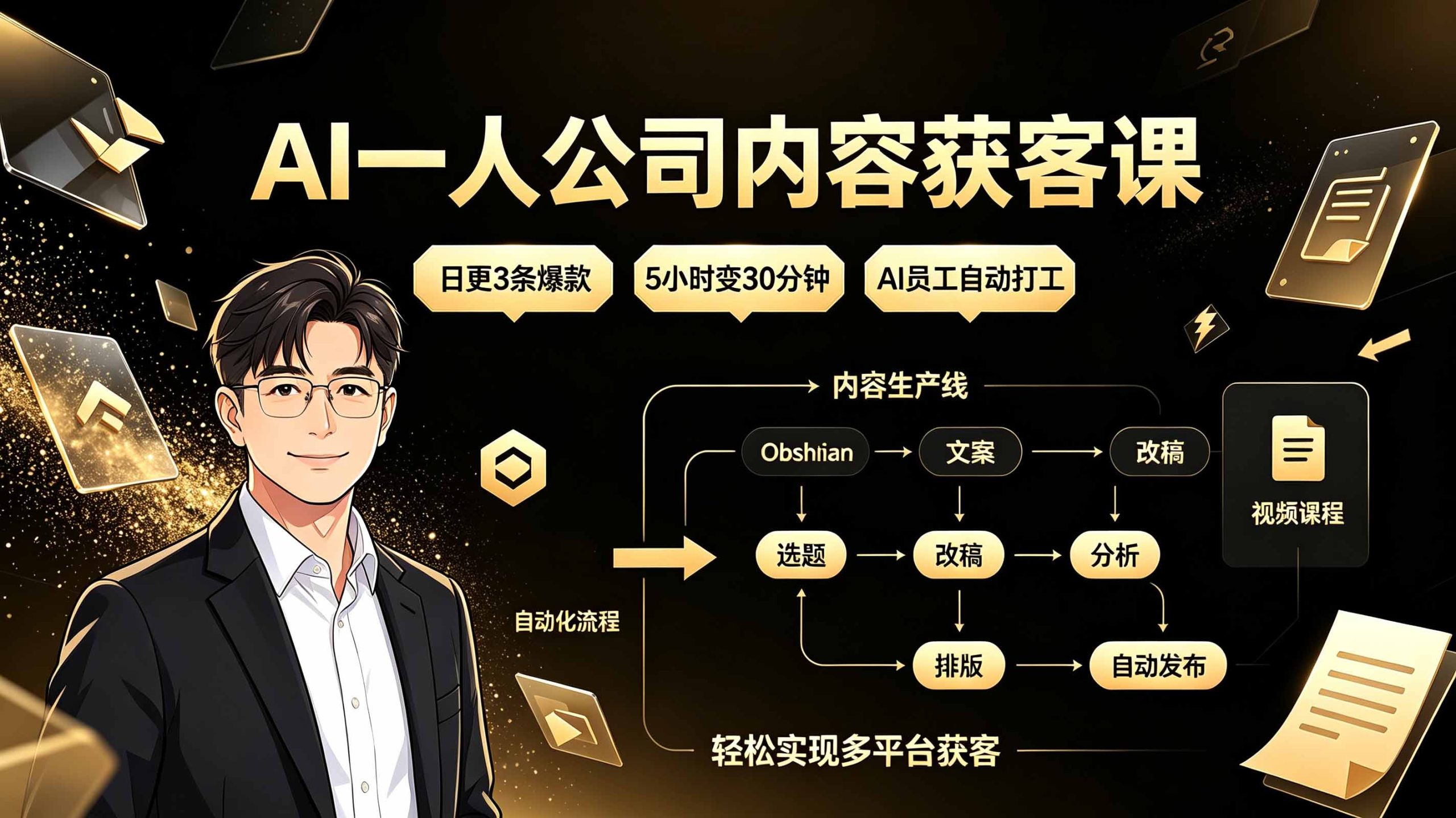 AI一人公司内容获客课：日更3条爆款×5小时变30分钟×AI员工自动打工，轻松实现多平台获客-得优社