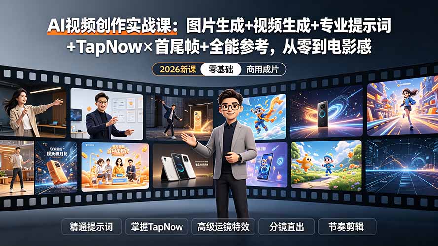 AI视频创作实战课：图片生成+视频生成+专业提示词+TapNow×首尾帧+全能参考，从零到电影感成片-得优社