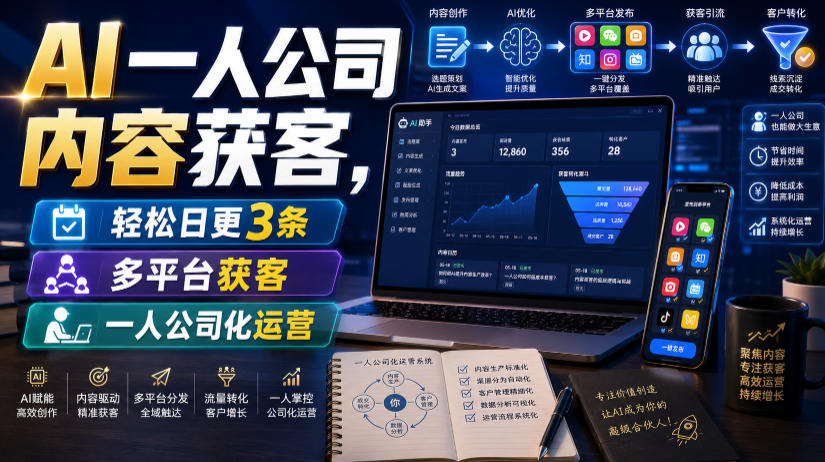 AI一人公司内容获客，轻松日更3条，多平台获客，一人公司化运营-得优社