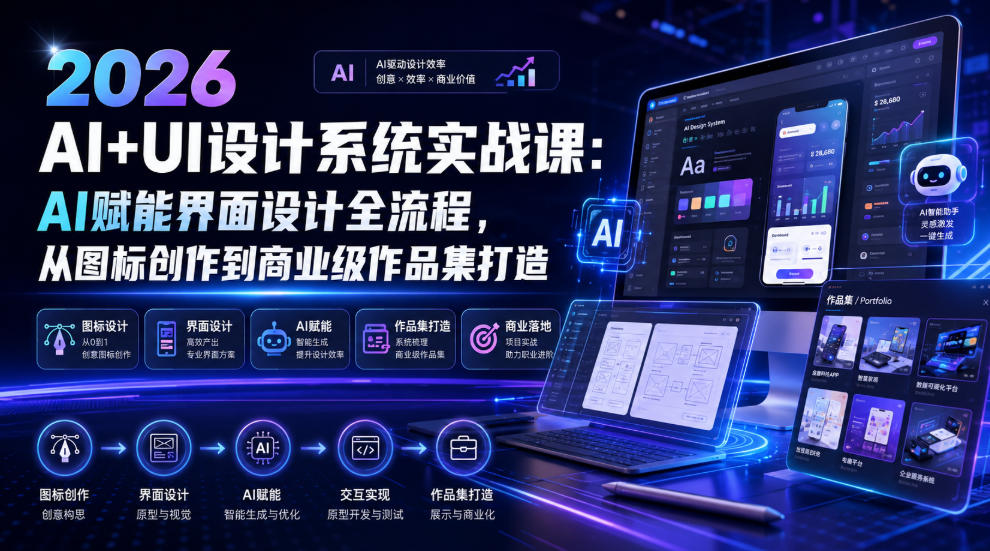 2026 AI+UI设计系统实战课：AI赋能界面设计全流程，从图标创作到商业级作品集打造-得优社