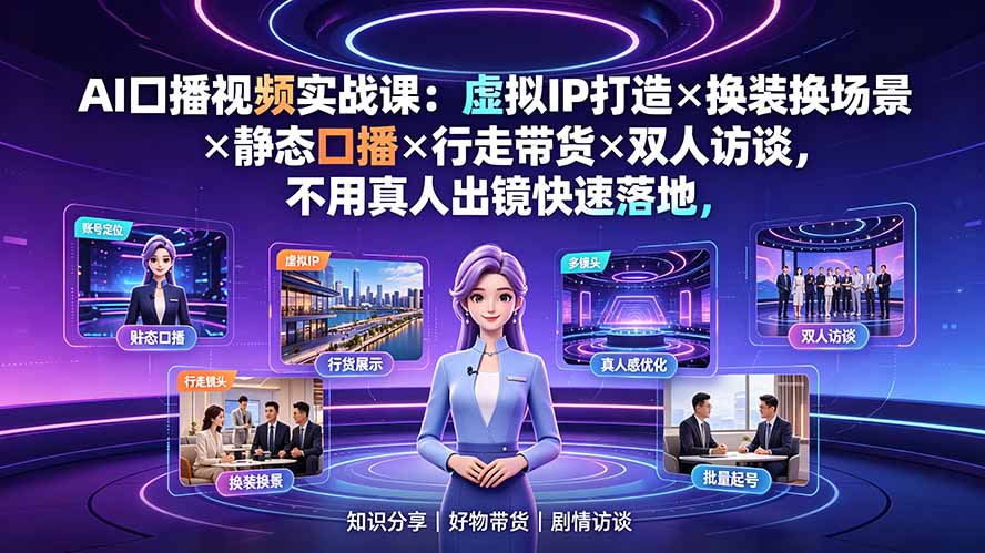 AI口播视频实战课：虚拟IP打造×换装换场景×静态口播×行走带货×双人访谈，不用真人出镜快速落地-得优社