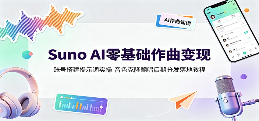 Suno AI零基础作曲变现：账号搭建提示词实操，音色克隆翻唱后期分发落地教程-得优社