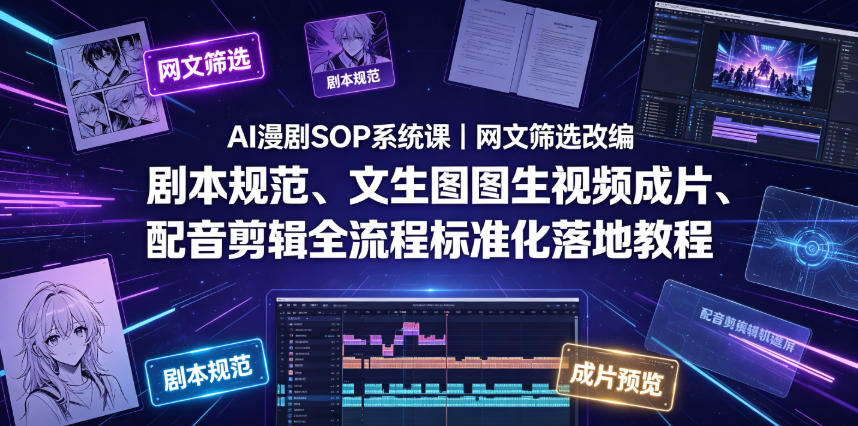AI漫剧SOP系统课｜网文筛选改编、剧本规范、文生图图生视频成片、配音剪辑全流程标准化落地教程(更新)-得优社