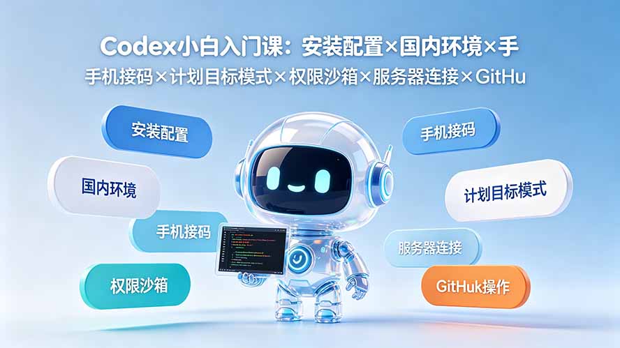 Codex小白入门课：安装配置×国内环境×手机接码×计划目标模式×权限沙箱×服务器连接×GitHub操作-得优社